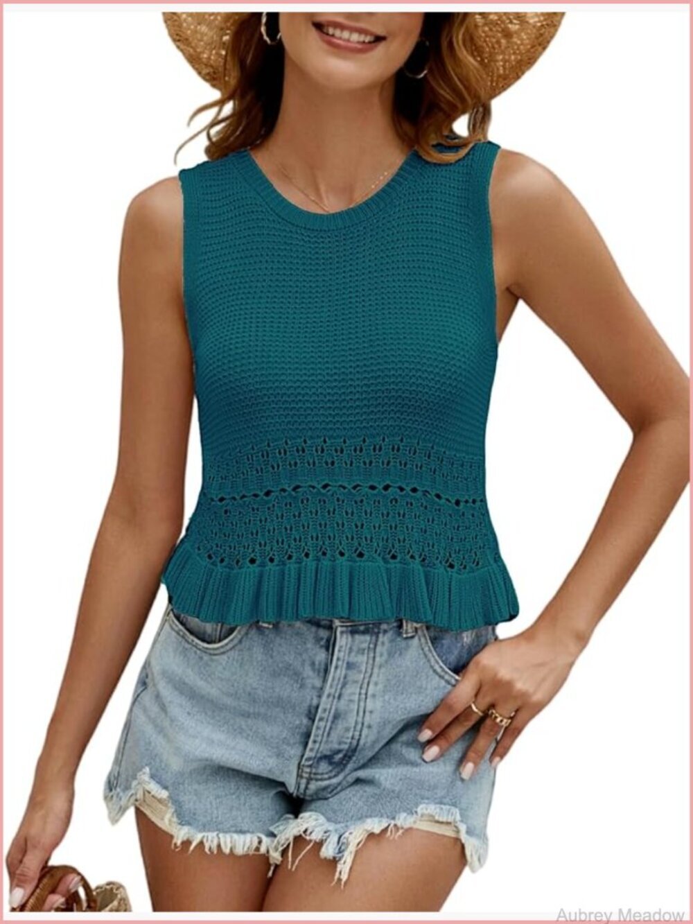 Women Crochet Sleeveless Knit Vest Crop Top Ruffle Hem Tank Pullover